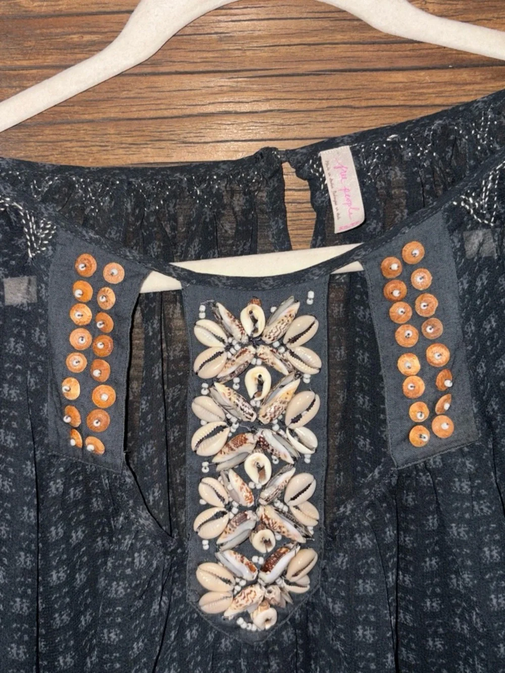 Mid 2000’s Free People Black Sheer Embroidered Peasant Top with Shells